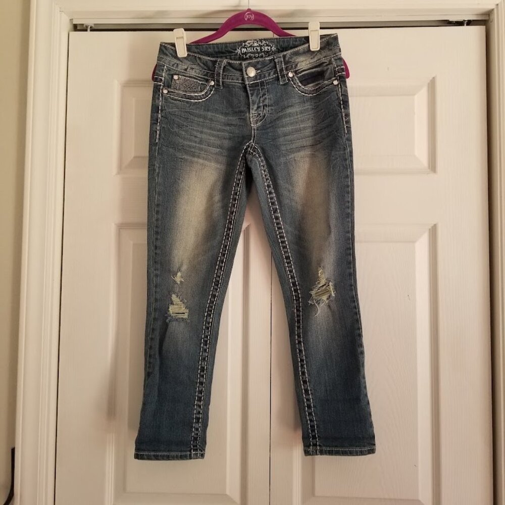 Paisley Sky Women's Jeans 2 Blue Light Wash Y2K Rhinestone Embroidered Distresse